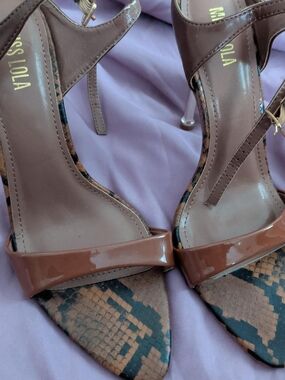 Miss Lola Brown Patent Pointed-Toe Heels with Snakeskin Accent